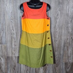 Trina Turk Silk Blend Colorblock Shift Dress Side Button 2 Orange Yellow Green